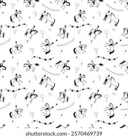 Seamless equestrian-themed pattern featuring horses, riders, and decorative elements like balloons and flags