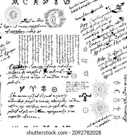 Seamless esoteric pattern. Astrological, magical and esoteric symbols. Background from a manuscript with occult sketches and sloppy handwritten text in the style of a sketch