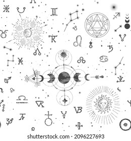 Seamless esoteric pattern. Astrological, magical and esoteric symbols. Background from a manuscript with occult sketches and sloppy handwritten text in the style of a sketch