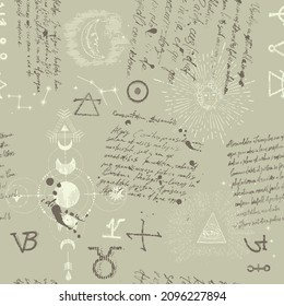 Seamless esoteric pattern. Astrological, magical and esoteric symbols. Background from a manuscript with occult sketches and sloppy handwritten text in the style of a sketch