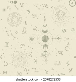 Seamless esoteric pattern. Astrological, magical and esoteric symbols. Background from a manuscript with occult sketches and sloppy handwritten text in the style of a sketch