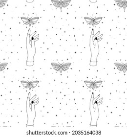 Seamless esoteric pattern with celestial butterfly, hands and mystic moth. Magical starry occult background. Vector illustration