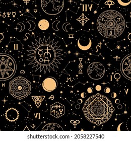 seamless esoteric pattern with different alchemical elements