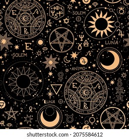 seamless esoteric pattern with different gold alchemical elements