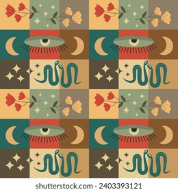 Seamless esoteric pattern. Geometric composition eye snakes flowers moon and stars. For clothes paper wallpaper