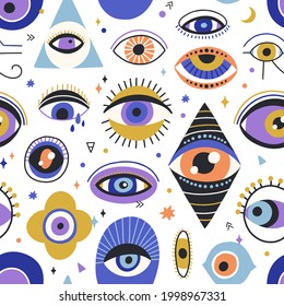 Seamless esoteric pattern with mystical eyes on white background. Repeatable texture with geometric magic eyeballs. Occult spiritual backdrop. Colored flat vector illustration for printing