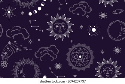 Seamless esoteric pattern with sun, moon, clouds, stars, constellations, comets. White vector elements on dark purple background. Space print.