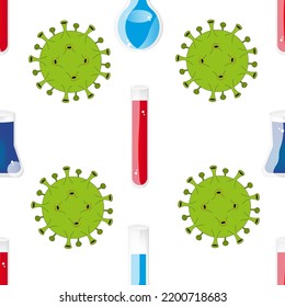 Seamless Et Of Laboratory Glassware With Colorful Liquid And Corona Virus. Pattern Of Different Test Tube. 