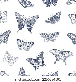 Seamless etched handdrawn pattern, butterflies print. Vintage drawn texture design, repeating monochrome background. Engraved moths, insects in retro style. Vector illustration for textile, fabric