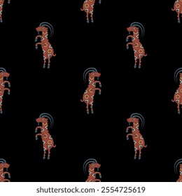 Seamless ethnic animal pattern with dancing goats standing on hind legs. Ancient Iranian folk design from Sogdia or Sogdiana. On black background.