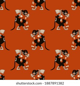 Seamless ethnic animal pattern with fantastic beasts. Angry anthropomorphic jaguar. Native American art of Maya Indians.