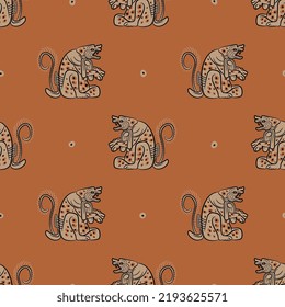 Seamless ethnic animal pattern with fantastic dogs. Native American art of Maya Indians. On orange background.