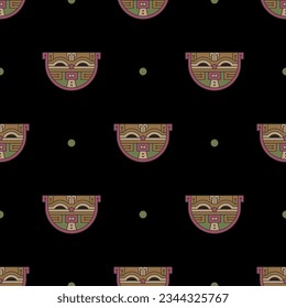 Seamless ethnic animal pattern with feline heads. Native American design of ancient Peru. Paracas textile. On black background.