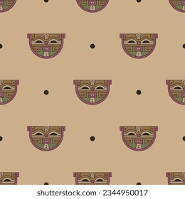 Seamless ethnic animal pattern with feline heads. Native American design of ancient Peru. Paracas textile. On beige background.