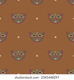 Seamless ethnic animal pattern with feline heads. Native American design of ancient Peru. Paracas textile. On orange brown background.