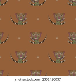 Seamless ethnic animal pattern with funny stylized tabby kittens or cats with striped tails. Native American animal motif from ancient Paracas, Peru. On orange brown background.