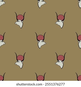 Seamless ethnic animal pattern with heads of ancient Egyptian sacred cow. Goddess Hesat or Hathor.