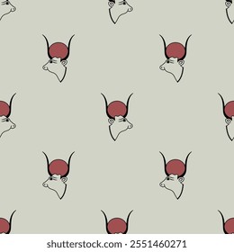 Seamless ethnic animal pattern with heads of ancient Egyptian sacred cow. Goddess Hesat or Hathor.