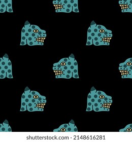 Seamless ethnic animal pattern with jaguar heads. Spotted feline cat. Native American art of Aztec Indians from Mexican codex. On black background.