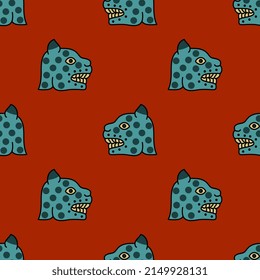 Seamless ethnic animal pattern with jaguar heads. Spotted feline cat. Native American art of Aztec Indians from Mexican codex. On red background.