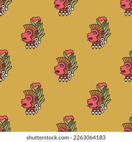 Seamless ethnic animal pattern with monkey heads. Ozomatli. Native American design of Aztec Indians. From Mexican codex. On yellow background.