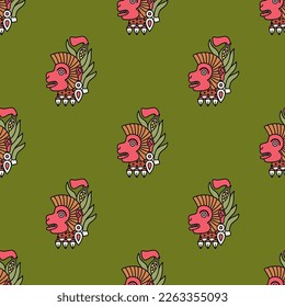 Seamless ethnic animal pattern with monkey heads. Ozomatli. Native American design of Aztec Indians. From Mexican codex. On green background.