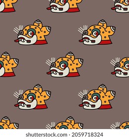 Nahtlose ethnische Tiermuster mit stilisierten Köpfen eines Jaguars. Indianische Indianerkunst aus Mexiko. Auf grauem Hintergrund.