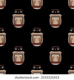 Seamless Ethnic Animal Pattern With Stylized Owl Birds. Ancient Peruvian Animal Design. Native American Art. Nazca Pottery. On Black Background.