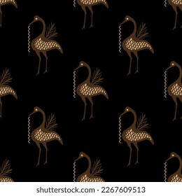 Seamless ethnic animal pattern with stylized funny birds. Ancient Greek design. On black background.