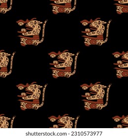 Seamless ethnic animal pattern with stylized sitting jaguars. Native American art of Maya Indians. On black background.