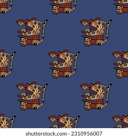 Seamless ethnic animal pattern with stylized sitting jaguars. Native American art of Maya Indians. On blue background.