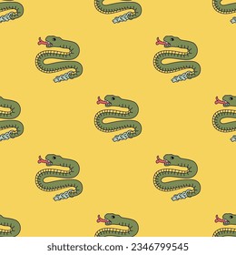 Seamless ethnic animal pattern with stylized rattle snakes from Aztec codex. Native American art of ancient Mexico. On yellow background.