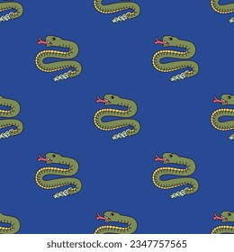 Seamless ethnic animal pattern with stylized rattle snakes from Aztec codex. Native American art of ancient Mexico. On blue background.