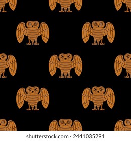 Seamless ethnic animal pattern with stylized standing owls with open wings. Ancient Greek vase painting style. Orange silhouettes on black background.