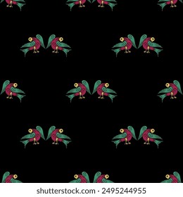 Seamless ethnic animal pattern with stylized birds. Old Russian folk motif. On black background.