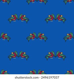 Patrón de animal étnico sin fisuras con pájaros estilizados. Viejo motivo popular ruso. Sobre fondo azul.