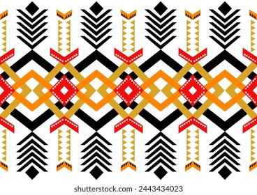 Tejidos de patrón geométrico étnico tribal colorido mezclado sobre fondo blanco. Fondo de pantalla. Resumen Rojo, negro, amarillo y naranja color Tela africana nativa textura diseño-ilustración vectorial