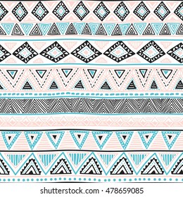 Seamless ethnic background. Geometric bright pattern. Blue, black, gray and pink colors. Handmade. Vector illustration.