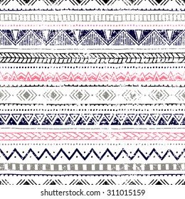 Seamless ethnic background. Geometric lines on a white background. Texture. Blue, gray, pink, black elements. Doodle.