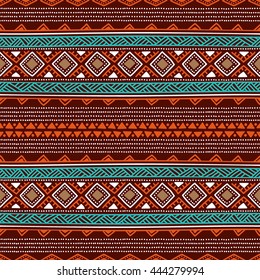 Seamless ethnic background. Striped wallpaper hand-drawn. Blue, orange and white elements on a brown backdrop. Vector illustration.