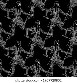 Seamless ethnic black and white pattern with silhouetted ancient Greek or Scythian warrior archers. Vintage style.