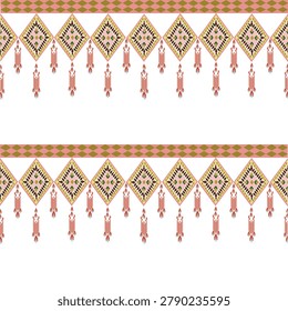 Seamless ethnic border pattern, elegant geometric diamond ikat stripe ornament texture, traditional boho fringe tassel background for modern resortwear fashion luxury textile design