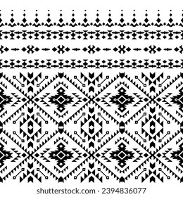 Seamless ethnic border pattern. Native traditional illustration. Aztec tribal style. Black and white color. Design for curtain, textile, wrapping, fabric, clothes, patchwork, batik, texture, ikat.