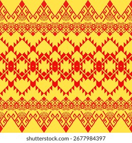 A seamless ethnic border pattern in red and yellow, featuring symmetrical horizontal bands of bold geometric shapes, including sawtooth triangles, hexagons, and tribal meanders.