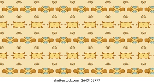Seamless ethnic border pattern with symmetrical floral motifs in earthy tones on beige background. Perfect for textiles, wallpapers, and traditional art design.