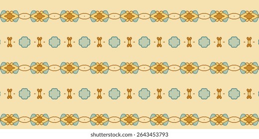 Seamless ethnic border pattern with symmetrical floral motifs in earthy tones on beige background. Perfect for textiles, wallpapers, and traditional art design.