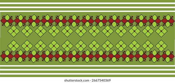 "Seamless ethnic border pattern vector with geometric diamond and floral motifs in green and red colors, decorative traditional design for textile, fabric print, wallpaper, background, and digital art