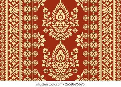 Seamless ethnic damask floral pattern with paisley embroidery motifs in traditional Indian boho style, perfect for textile fabric, wallpaper, fashion, print and interior design use.