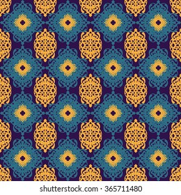 Seamless ethnic elements texture. Cute Eastern pattern in blue and yellow colors. Oriental background in vector