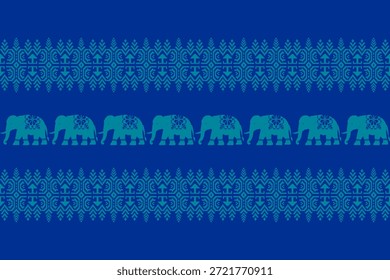 Padrão de elefante étnico sem costura inspirado na arte têxtil tradicional asiática, motivos de pixel geométrico em tons azuis, design ornamental decorativo adequado para uso de tecido, papel de parede, fundo, vetor e ilustração.